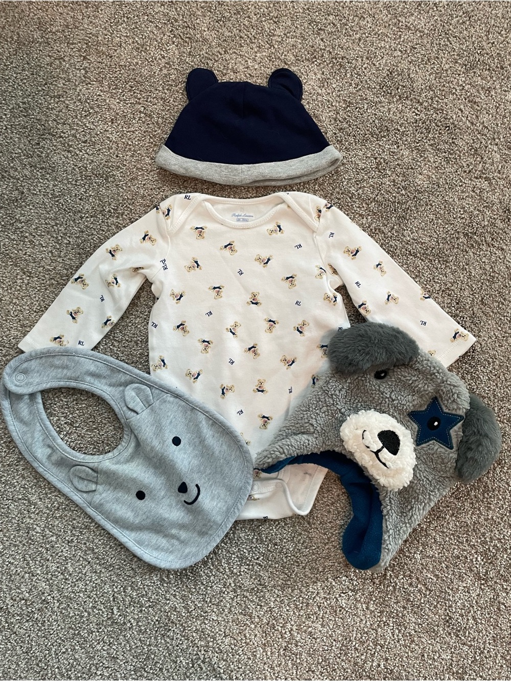 Baby Bear-Print Bodysuit with bib and hats.
